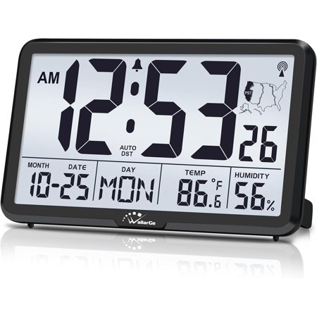Atomic Wall Clock with Backlight, Digital Wall Clock Battery Operated for Classroom, Bedroom, Office, Large Display with Indoor Temperature, Humidity, Date, AUTO DST, 6 Time Zones