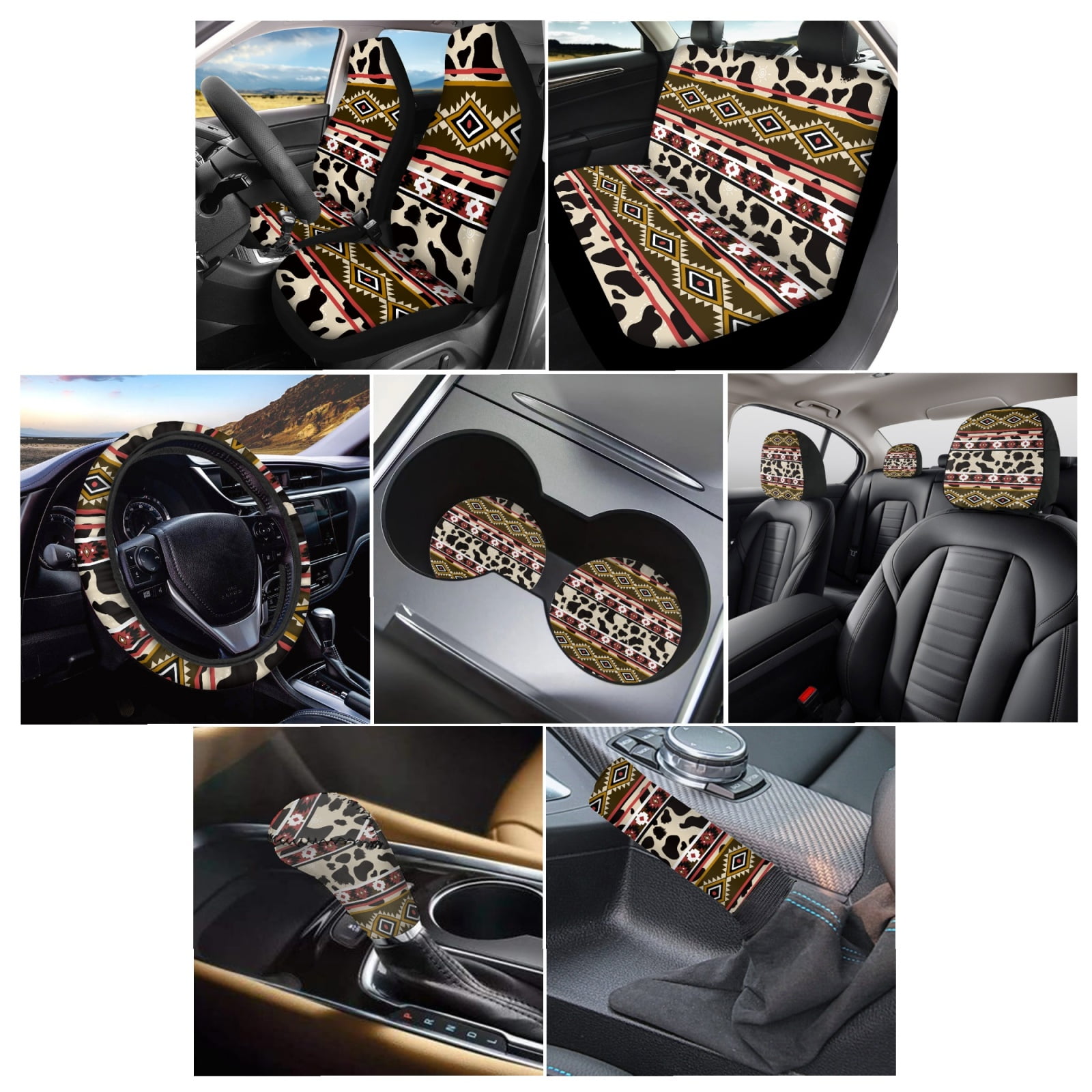 Renewold American Tribal Cow Print Red Beige Car Seat Cushion Cover Full Set 11 PCS, with Steering Wheel Cover Cup Coasters Handbrake Protector Gear Shift Knob Cover Headrest Covers Universal Fit