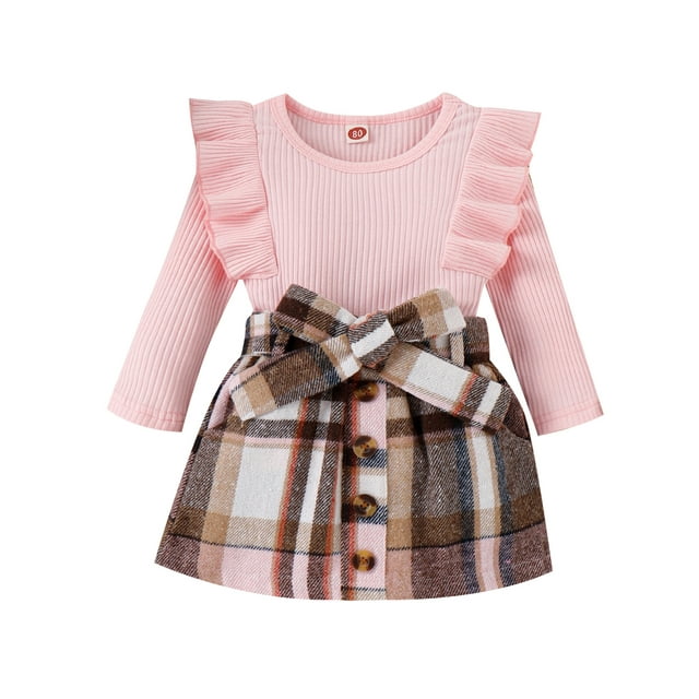 xiaxaixu Toddler Girls Autumn Outfit Sets Pink Long Sleeve Ruffle Ribbed Tops + A-line Plaid Skirt with Belt