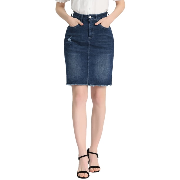 Faldas de mezclilla para mujeres INSPIRE CHIC, desgastadas, de cintura alta, con dobladillo rasgado, faldas de jeans lavadas con bolsillos, color azul profundo L