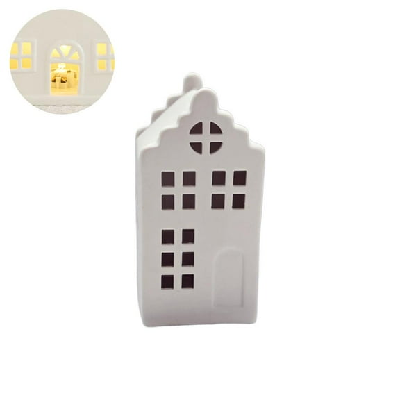 Floral Ceramic Christmas Village House Tealight Holder, LED Lighted Meadow House Candle Decor for Holiday Table Centerpiece, White Winter Miniature Home