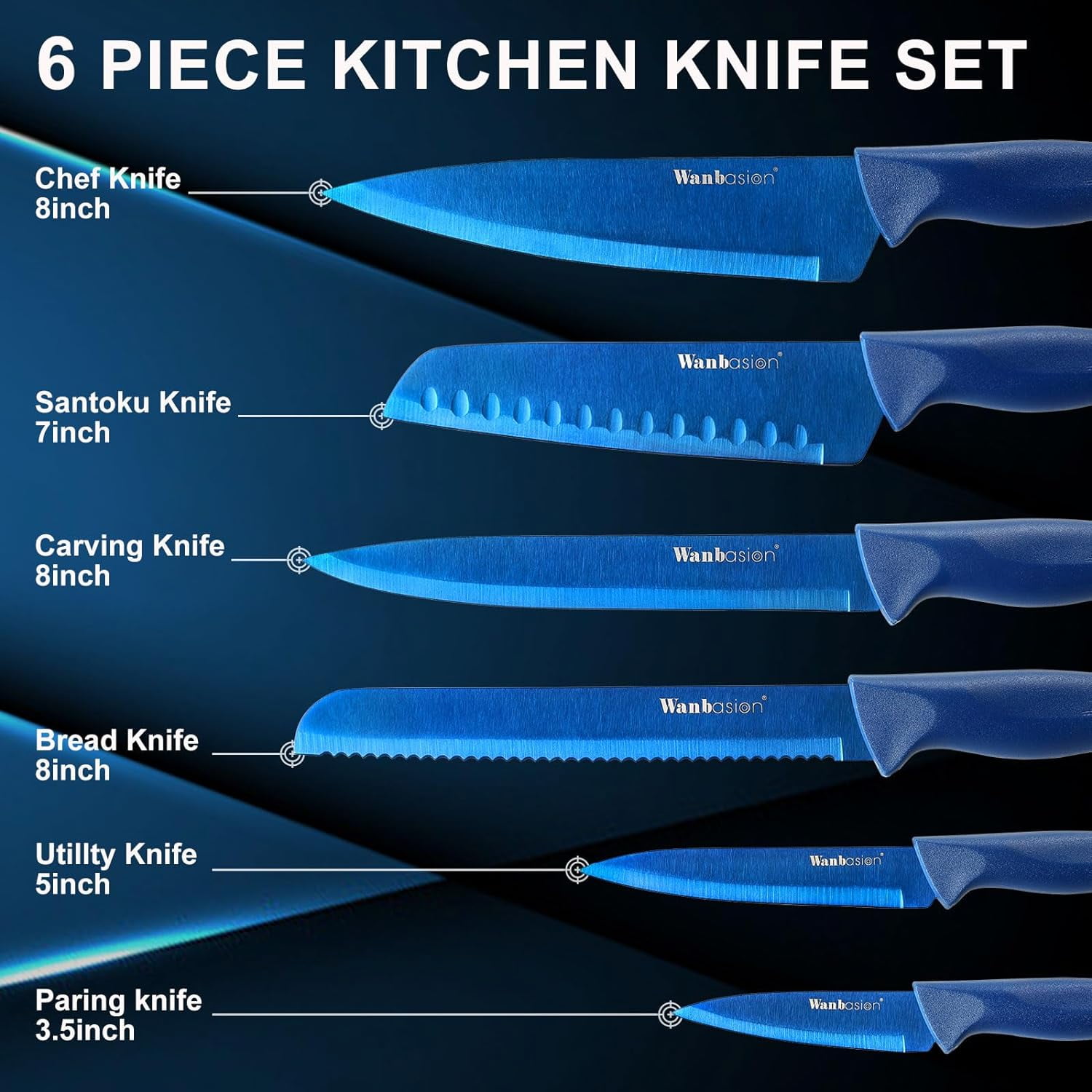 Wanbasion Blue Professional Kitchen Knife Chef Set, Stainless Steel,  Dishwasher Safe with Sheathes 