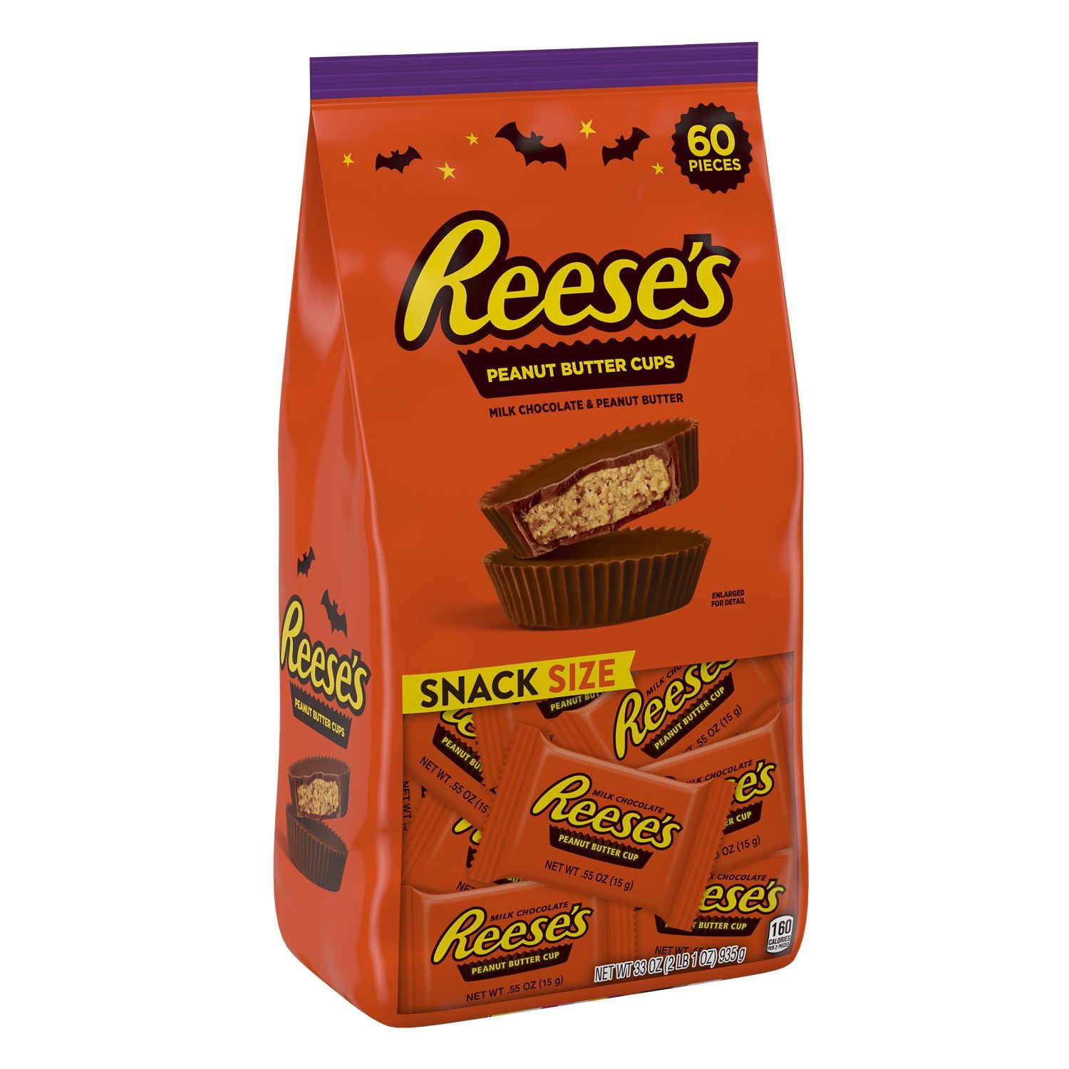 REESE'S, Halloween Candy, Snack Size Milk Chocolate Peanut Butter Cups, 33 oz, Bulk Bag (60 Pieces)