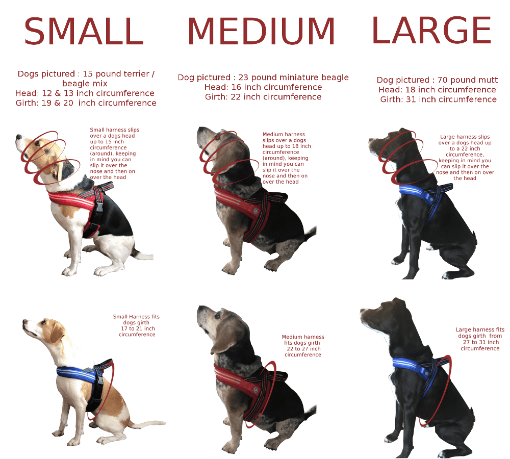 Outdoor Dog Harness with LED chest lights, reflective chest seams, fast slip adjustable clip, no choke / no-pull design for control over extra small (XS), small, medium, large, & extra large(XL) dogs