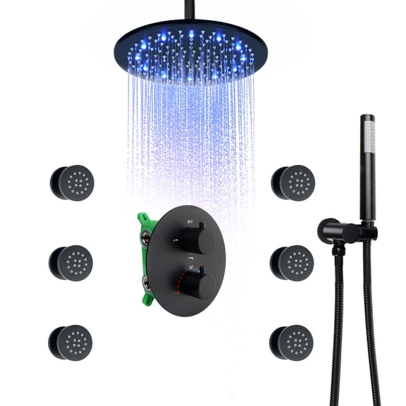 Matte Black Round Rain Shower Set System 10 Inch LED Rain Shower Head With Body Jets And Handheld