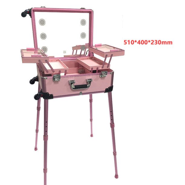 Estuche de maquillaje profesional con iluminación LED con soporte - Organizador de maquillaje portátil recargable de aleación de aluminio de gran capacidad
