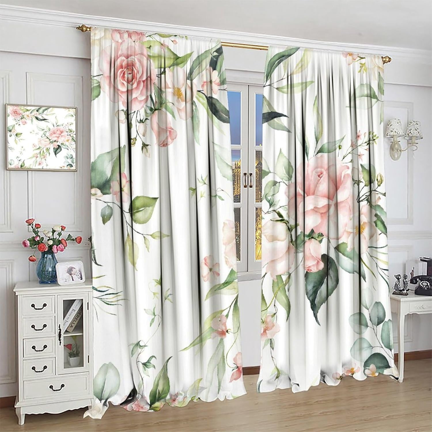 Rustic Flower Curtains Watercolor Pink Floral Green Leaves Natural Pattern Blackout Print Rod Pocket Window Drapes for Bedroom Living Room 42x54in
