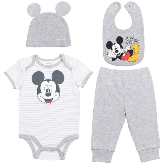 Disney Mickey Mouse Infant Baby Boys Bodysuit Pants Bib and Hat 4 Piece Outfit Set Newborn to Infant