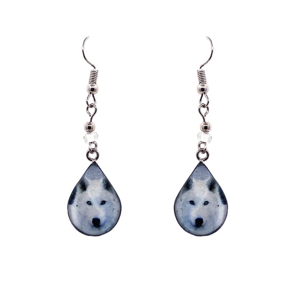 Wolf Face Animal Graphic Teardrop Metal Dangle Earrings - Womens Fashion Handmade Jewelry Nature Accessories