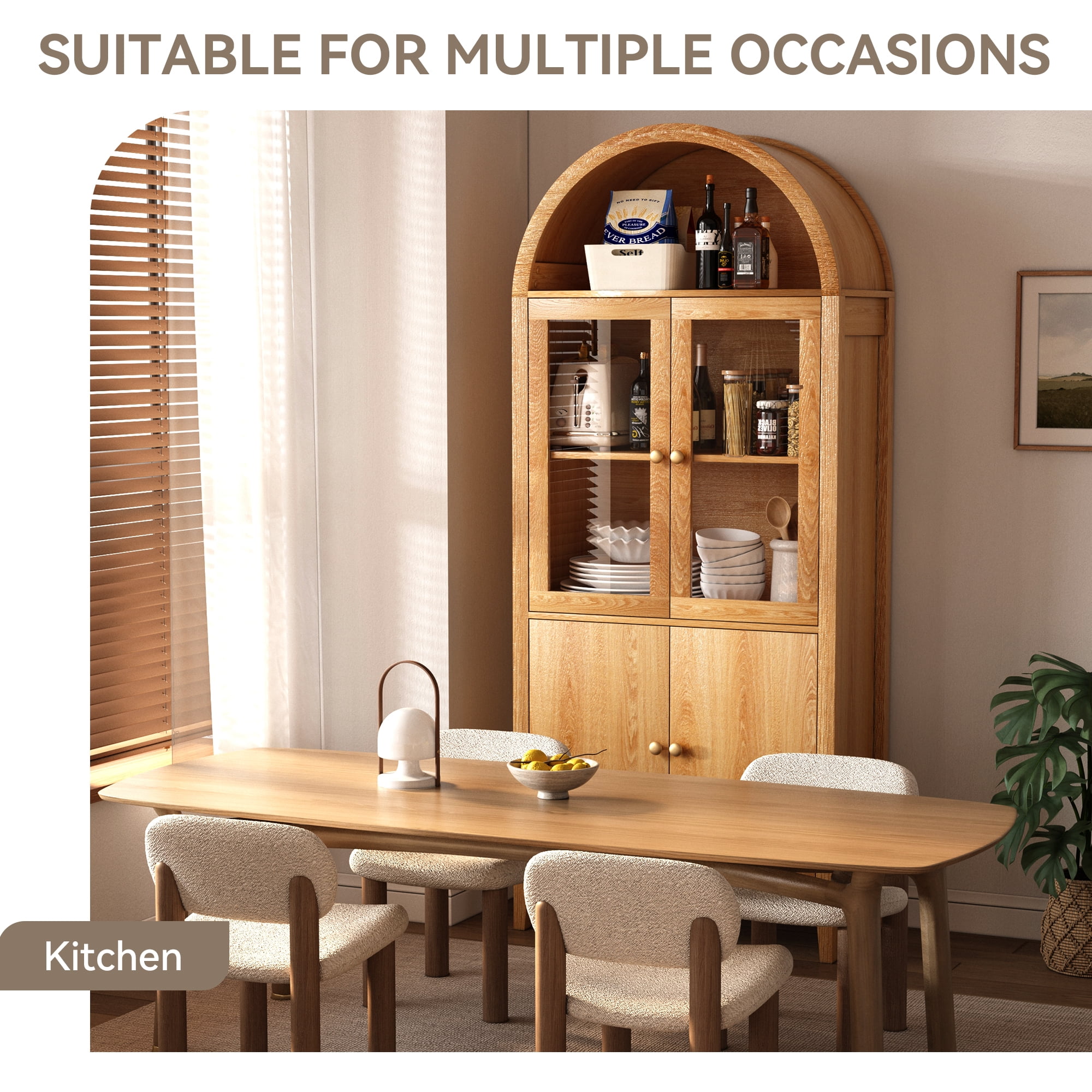 Eunon Tall Arched Pantry Storage Display Cabinet,Arched Storage Cabinet With Doors Retro Oak