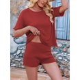 thumbnail image 5 of Women Loose Round Neck Casual Short Sleeve Shorts Knitted Suit Summer 2 Piece Soft Lounge Sets and Shorts Set Red S, 5 of 8