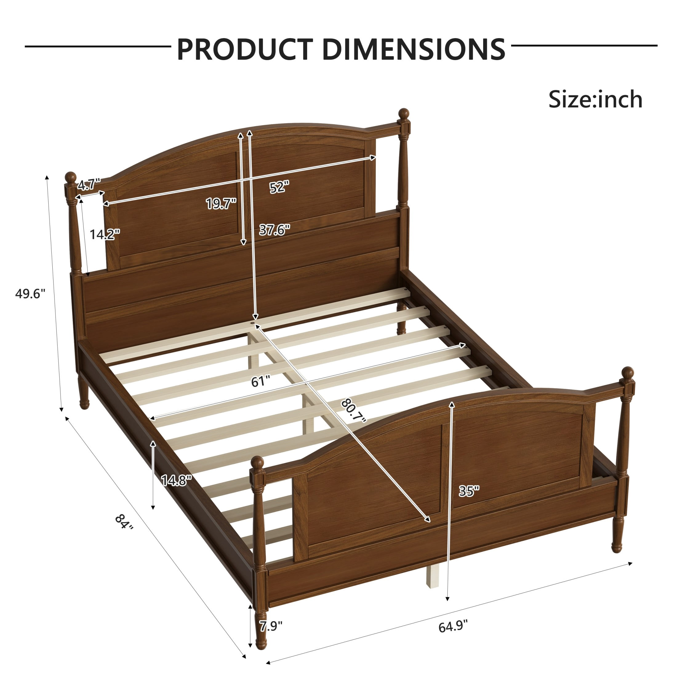 Noble House Norra Traditional Wooden Platform Queen Bed Frame with Arched Headboard, Cottage Panel Bed Frame, Walnut