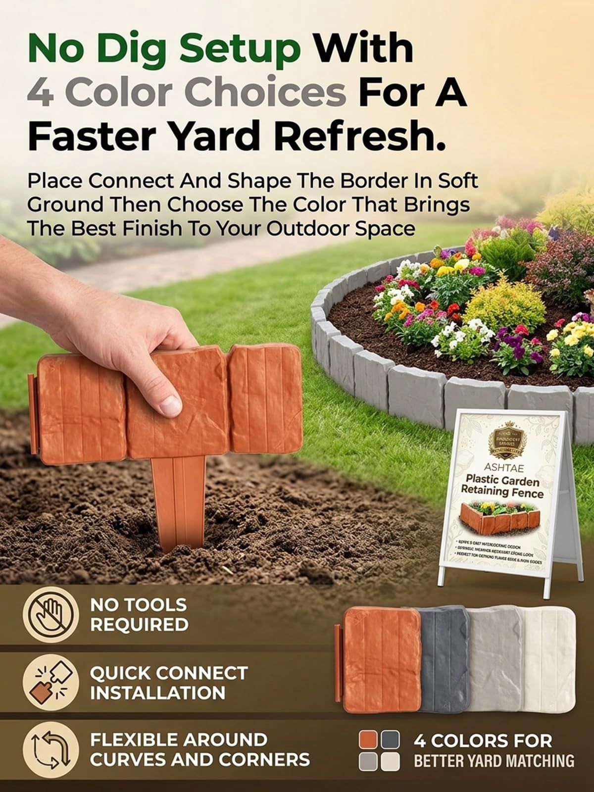 Plastic Garden Retaining Fence Garden Edging Landscape Flower Bed Edging Borders Faux Stone for Landscaping Lawn Blocks Interlocking No Dig Flexible Weather Resistant Outdoor Beds