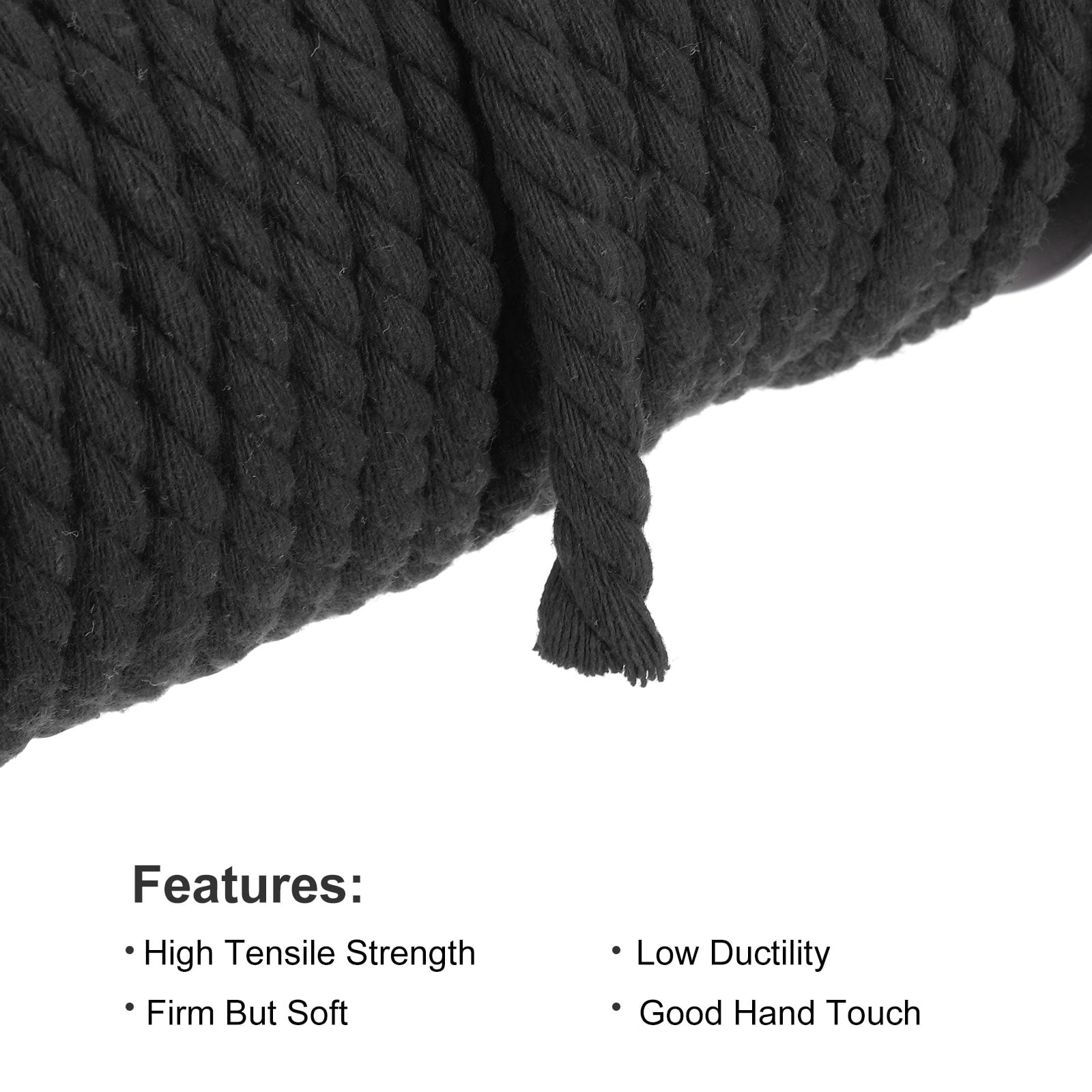 Cotton Rope 3 Strand Twisted Braided Rope Cord, Black 40m/47 Yard 8mm Dia for Wall Hanging, Plant Hanger