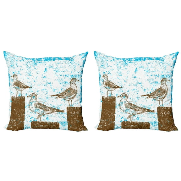 Ambesonne Blue Throw Pillow Cover 2 Pack, Grungy Sketch Seagulls, 20", Blue White Brown