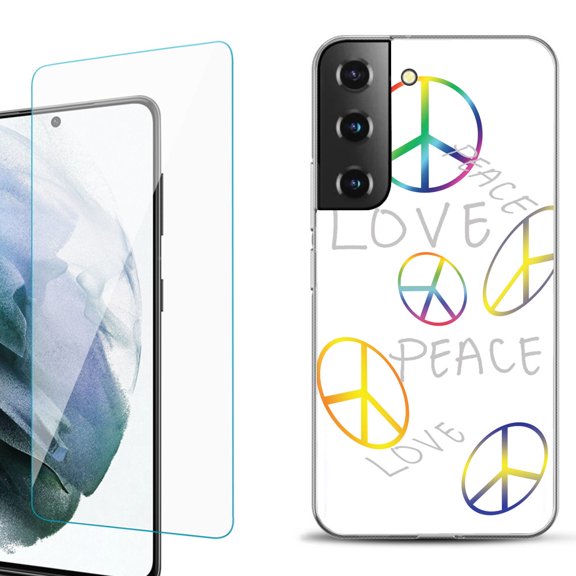 Slim-Fit Fashion Gel Phone Case for Samsung Galaxy S22  5G / S22 Plus 5G, with Tempered Glass Screen Protector, by OneToughShield ® - Love/Peace