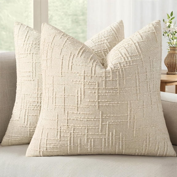 Textured Throw Pillow Covers 18x18 Set of 2, Thick Chenille Decorative Pillows with Tassels, Modern Boho Farmhouse Neutral Cushion Covers for Couch Sofa Living Room Bedroom Decor