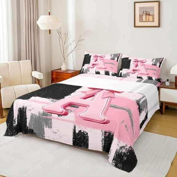 Manfei Black Pink Ombre Twin Sheet Sets 3pcs for Girls, Bow Knot Monogrammed Twin Fitted Sheet, Personalized Letter A Flat Sheet, Super Cozy Room Decor