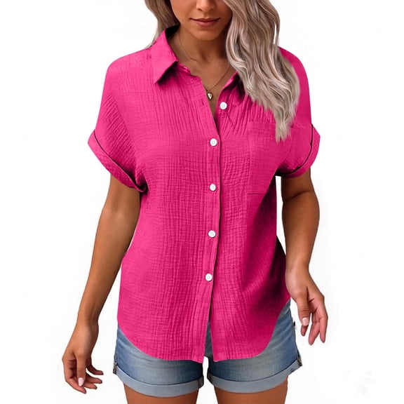 Inglocry Cotton Linen Gauze Shirts for Women Loose Fit Button Down Blouses Casual Summer Textured Collared Crinkle Seersucker Tops Hot Pink S