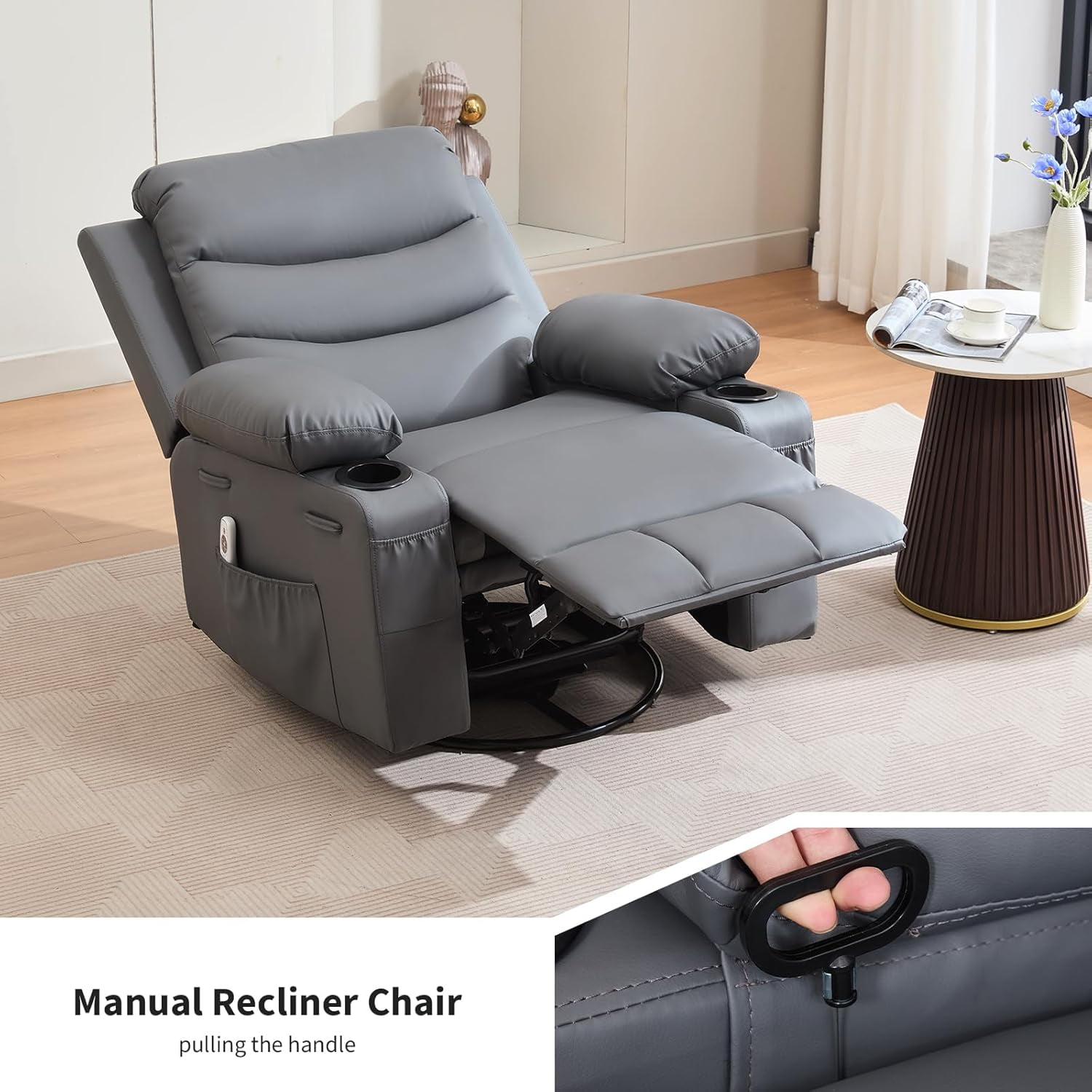 Recliner Chair Nursery, Oversized Manual Reclining Rocking Chair, Corduroy 360 Swivel Glider with Cup Holder, Massage and Heat Recliner, Small Sofa Chairs for Adults, Living Room,Bedroom, （Pu，gray）