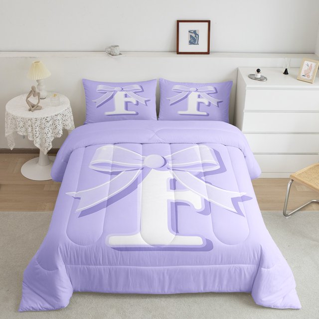 Erosebridal Initial F Letter Bedding Sets Twin with Comforter, Princess Bow Duvet Insert, Purple Monogrammed Reversible Down Comforter, Microfiber Room Decor, 2pcs