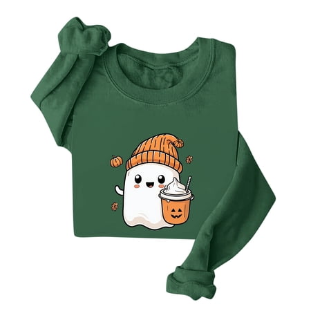 aohooy Halloween Shirt for Women Cute Funny Ghost Pumpkin Graphic Long Sleeve Shirt Fall Spooky Pullover Sweatshirts Tops Army Green M