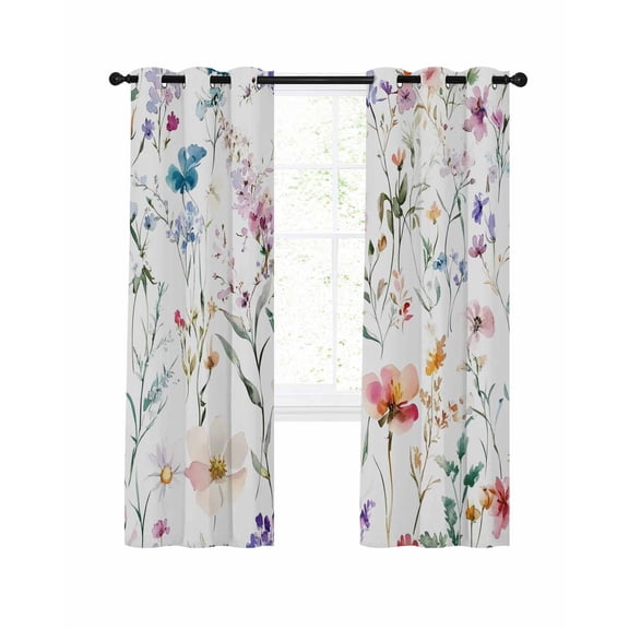 Watercolor Flowers Blackout Curtains for Bedroom Living Room, Spring Floral Garden 90 In Long Thermal Insulated Room Darkening Drapes Grommet Window Treatments, 52 x 90 In