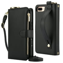 Decase Crossbody Wallet Case for iPhone 8 Plus/7 Plus RFID Blocking 6-Card Holder Soft PU Leather Adjustable Shoulder Strap Zipper Pocket Metal Buckle Wristband Phone Case 5.5",Black