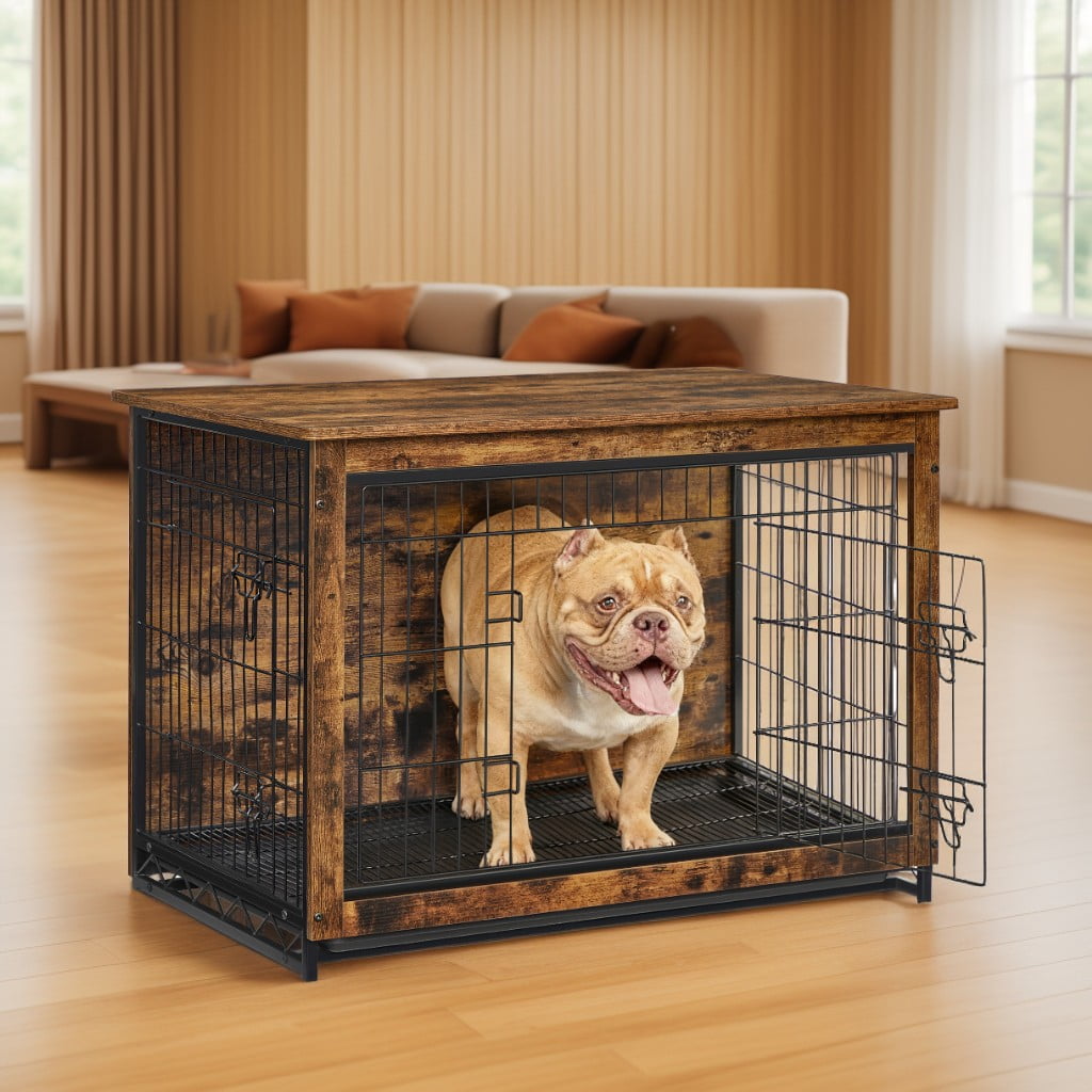 LEDREM Dog Crate Furniture, 38.6-Inch Indoor Dog Kennel with Double Doors, Removable Tray, Side Table, for Dogs up to 70 lb, Rustic Brown