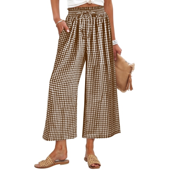 Womens Straight Leg Linen Pants Ankle Length Women's Plaid Capris Pants Elastic Waist Wide Leg Linen Causal Cropped Flowy Trousers for Summer Vacation Coffee M