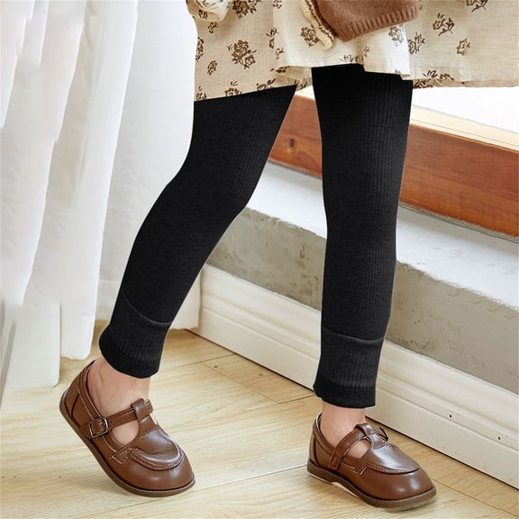 CPNG Baby Girls Fleece Lined Leggings Ribbed Cotton Knit Stretch Thermal Pants Stretchy Athletic Leggings School Uniform Pants Winter Warm Kids Christmas Wool Fall Tights