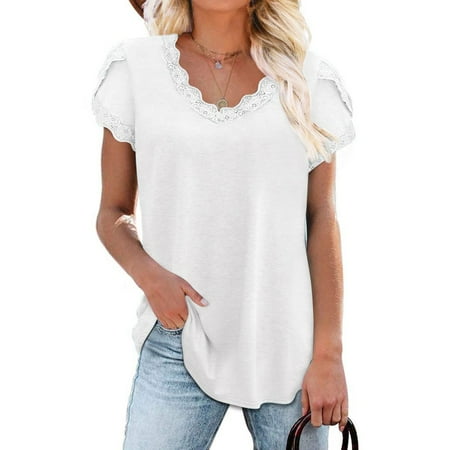 

Womens Summer Short Sleeve T-Shirt Casual Lace Trim Patchwork Tunic Tops Breathable V Neck Petal Sleeve Blouses Shirts