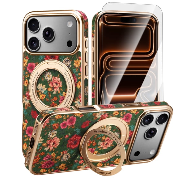 Dteck Flower Patterned Magnetic Case with Tempered Glass Screen Protector for iPhone 17 Pro,Luxury Leather PC Case Compatible with Mag Safe Ring Holder Kickstand Shockproof Cover ,Green