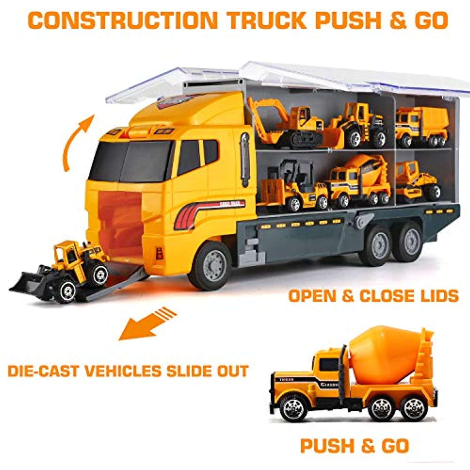 19 in 1 Construction Truck with Engineering Worker Toy Set, Mini Die-Cast Engine Car in Carrier Truck, Double Side Transport Vehicle Play for Child Kid Boy Girl Birthday Christmas Party Favors - image 5 of 7