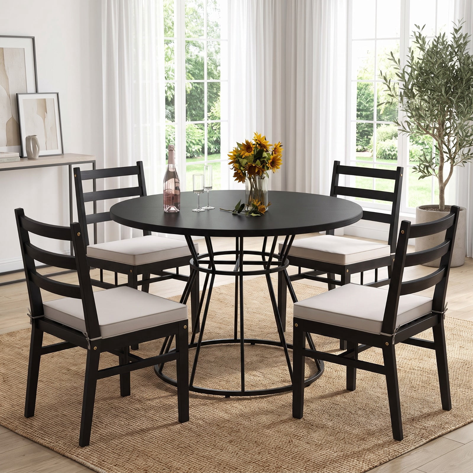 Furnibear 47 Inch Round Farmhouse Dining Table for 4 with Wooden MDF Tabletop