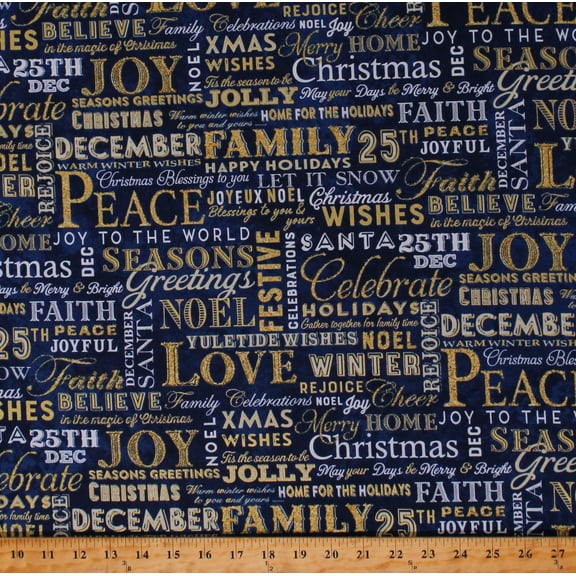 Cotton Holiday Greetings Words Winter Festive Gold Metallic on Blue Stonehenge Christmas Joy Cotton Fabric Print by the Yard (24775M-46)