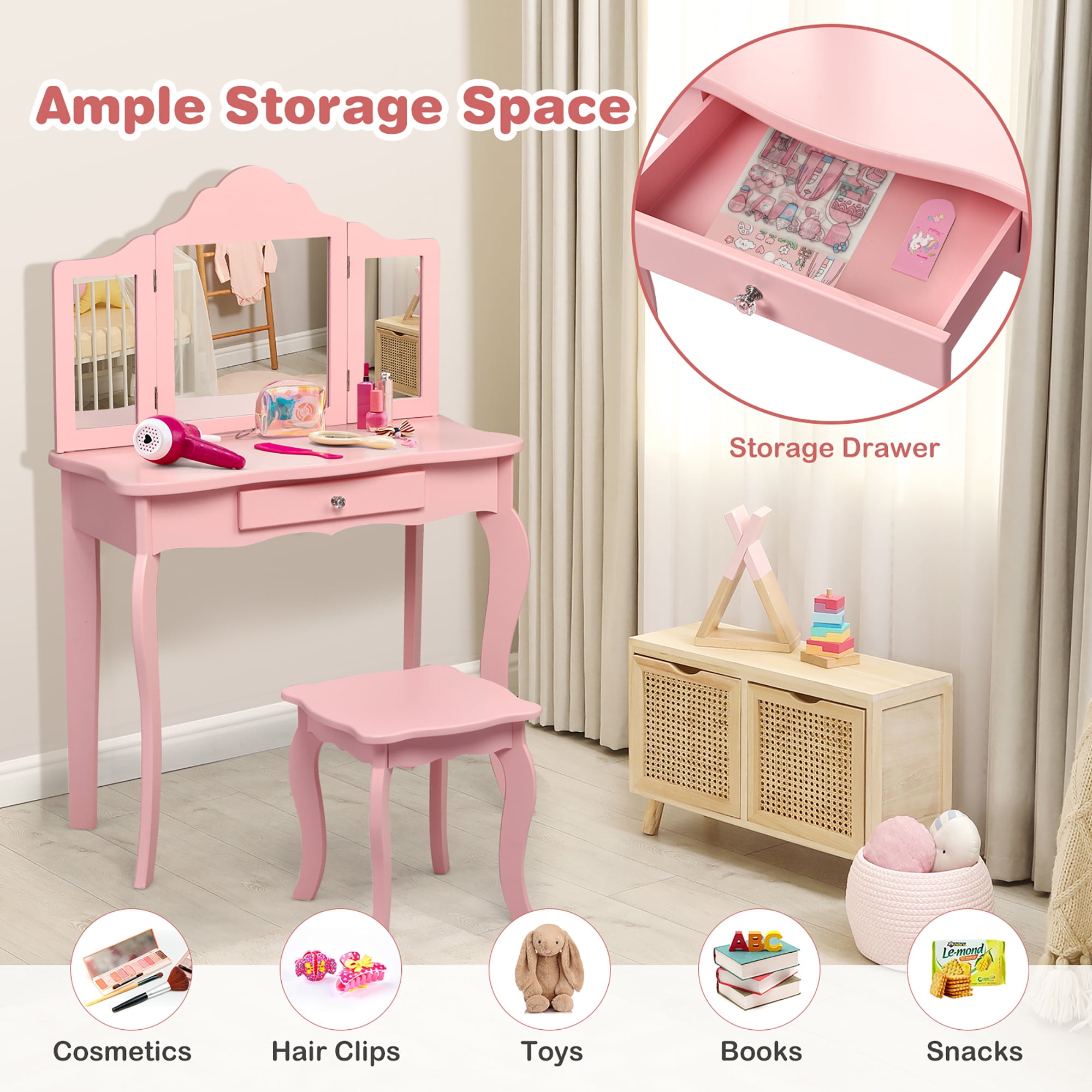 Costway Vanity Table Stool Princess Dressing Make Up Play Set for Girls Pink
