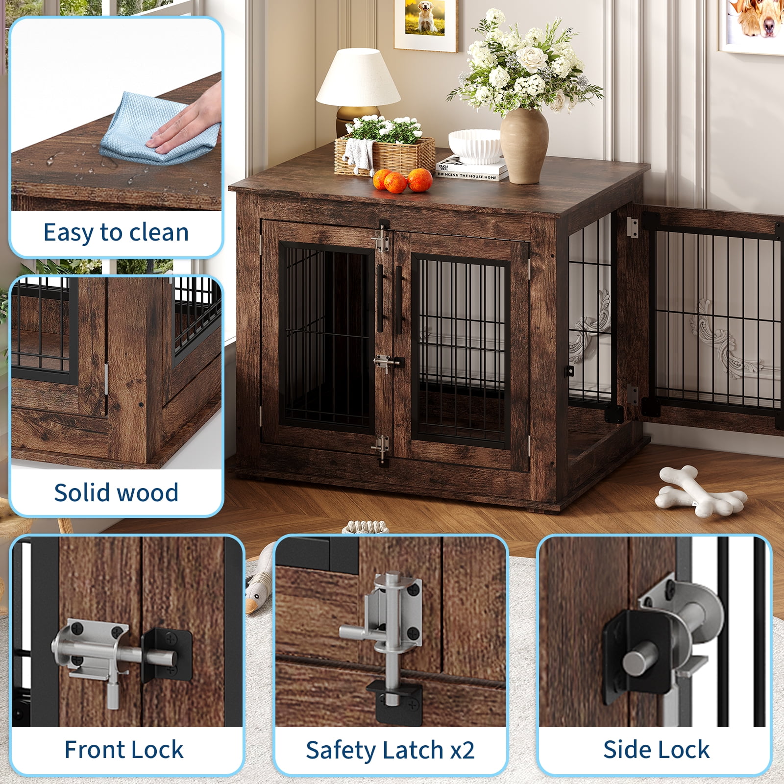 Home Heavy Duty Wooden Farmhouse Dog Crate Furniture with Double Doors, 31 Inch Wooden Dog Kennel End Table for Small / Medium Dogs, Dog House Cage Anti-Chew Pet Furniture