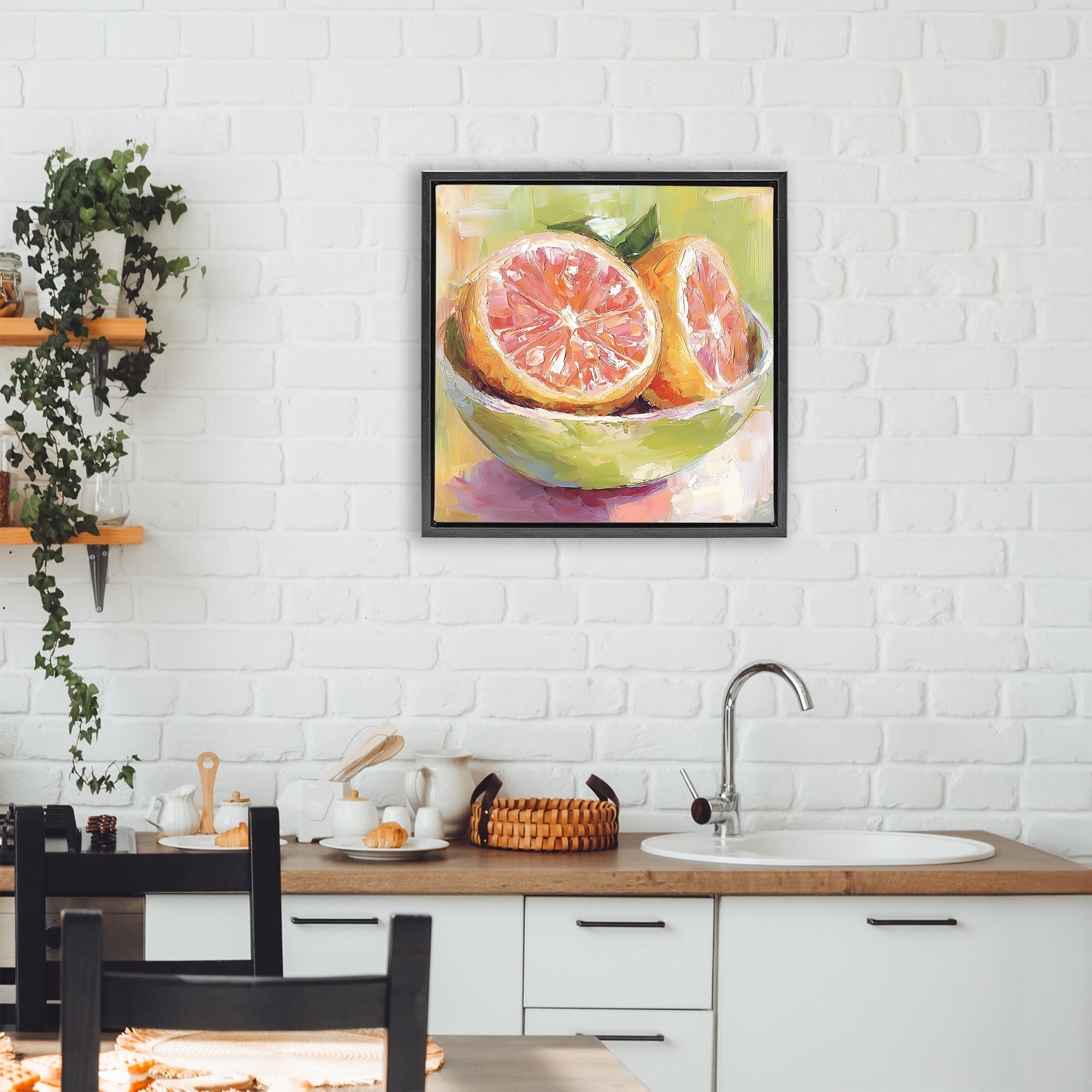 Stupell Industries Sliced Grapefruit in Bowl Black Framed Floater Canvas Wall Art, design by Riley B