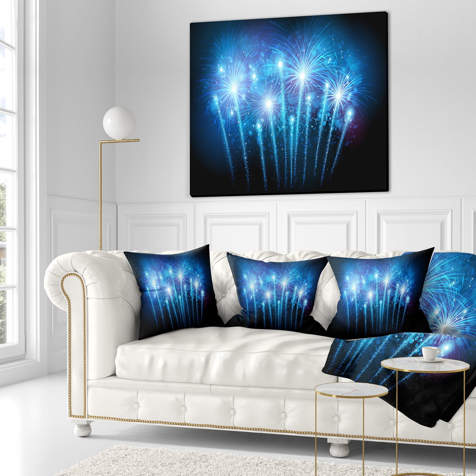 Designart Blue Fireworks at Night Sky - Skyline Photography Throw Pillow - 18x18