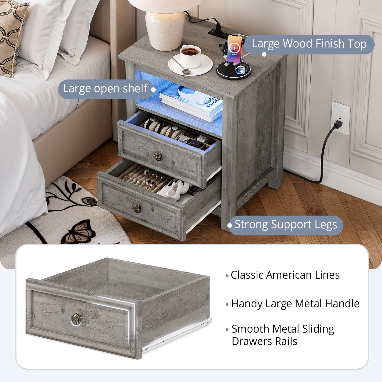 Holliwill 25" Tall Nightstand with Charging Station & LED Lights, Farmhouse Nightstands with 2 Drawers and Open Storage, End Table Bedside Table for Bedroom Living Room, Gray