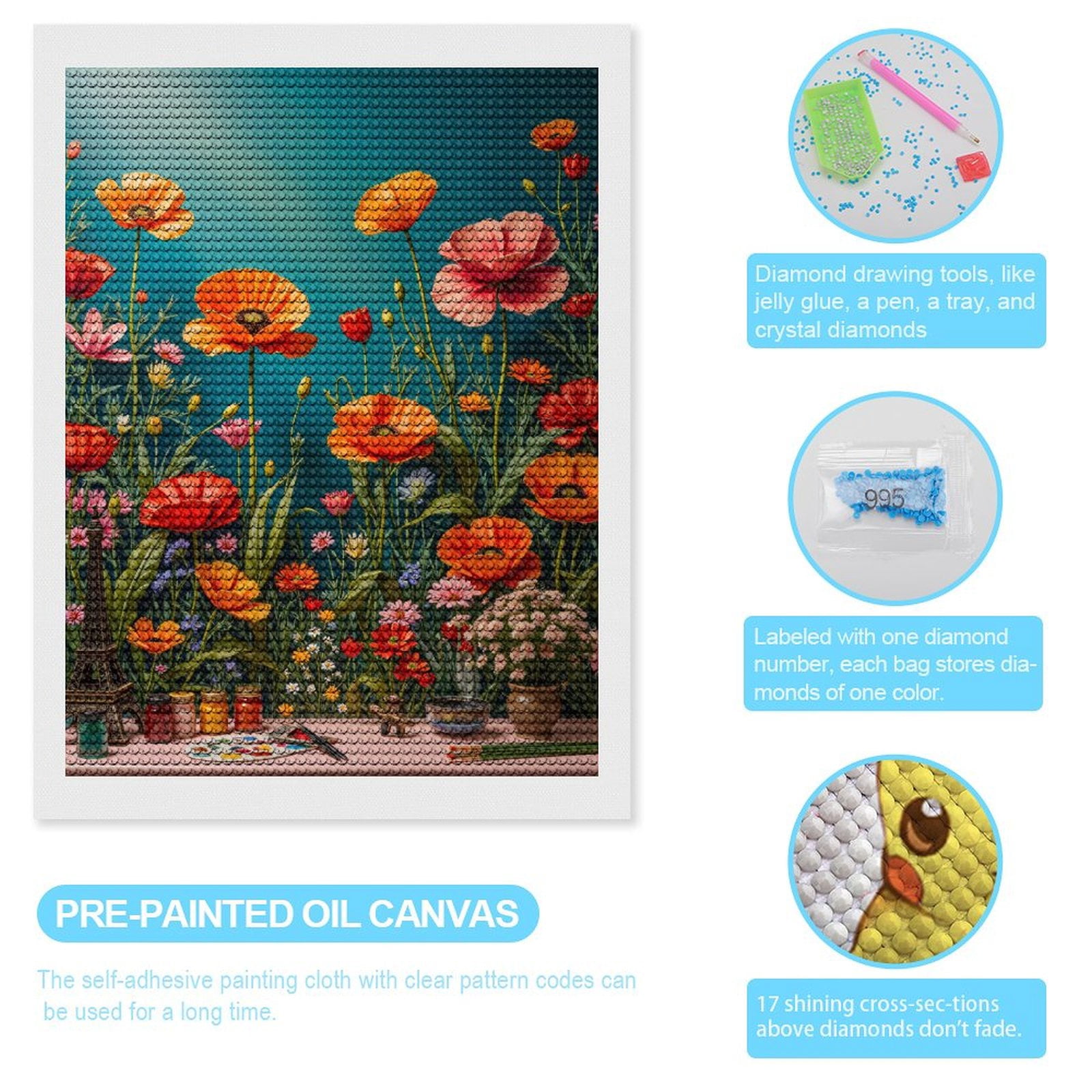 Diamond Art Kits for Adults, Poppies Art Supplies Nature Scene 5D Diamond Painting Kits for Adults Beginners, DIY Full Drill Diamond Painting, Gem Art and Crafts 12x16