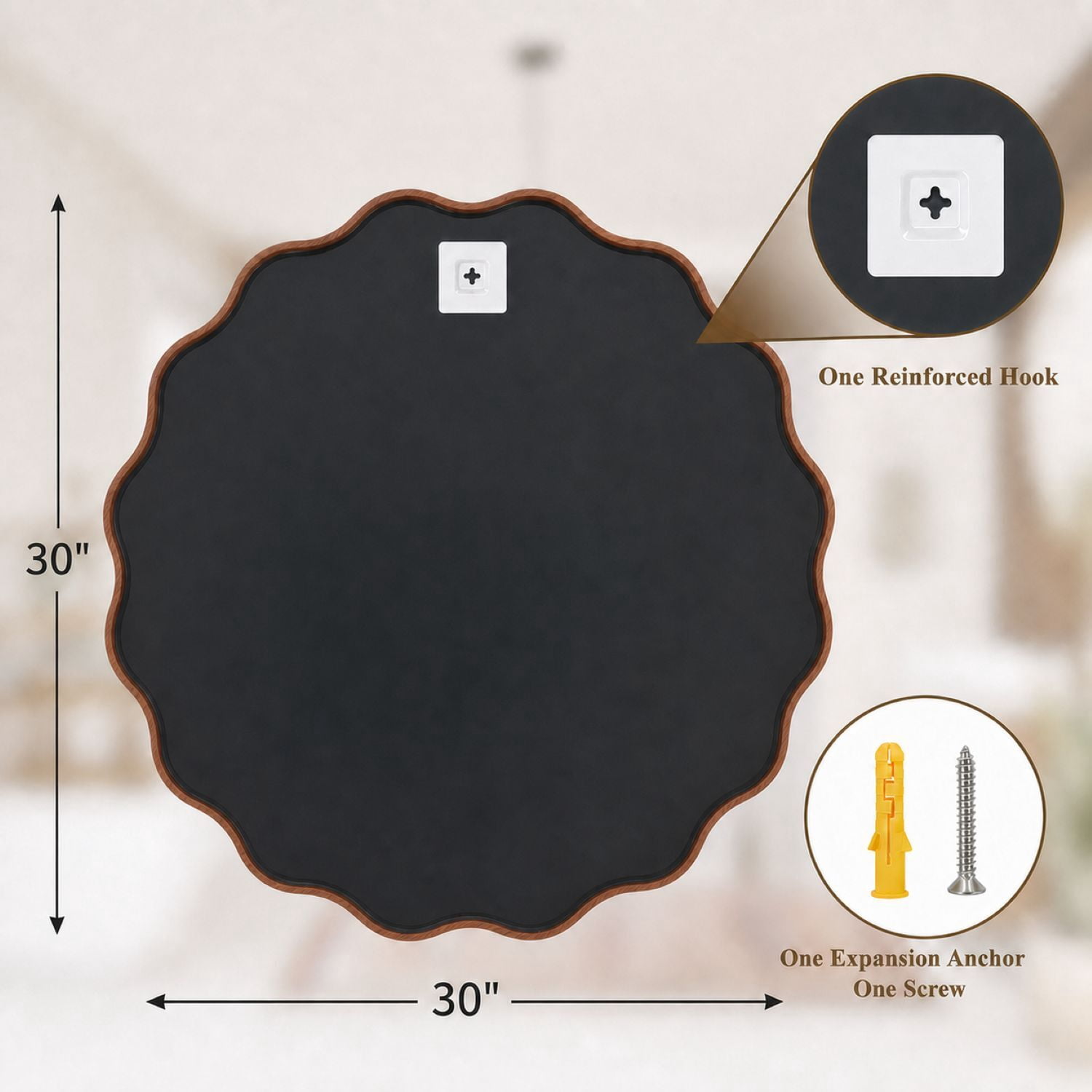 Easy4Home 30" x 30" Wavy Round Bathroom Mirror Wall Decor with Wooden Frame, Walnut