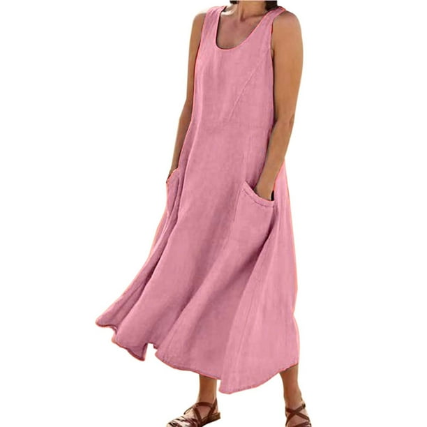 Vestido largo sin mangas de lino para mujer: vestido informal con cuello redondo y bolsillos, poliéster/spandex, tallas S-XXL.