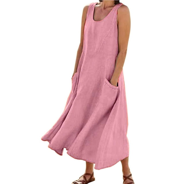 Vestido largo sin mangas de lino para mujer: vestido informal con cuello redondo y bolsillos, poliéster/spandex, tallas S-XXL.