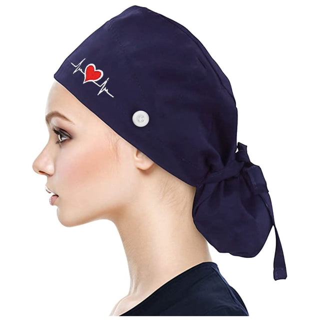 Scrub Cap with Buttons Bouffant print Hat with Sweatband for Womens and Mens