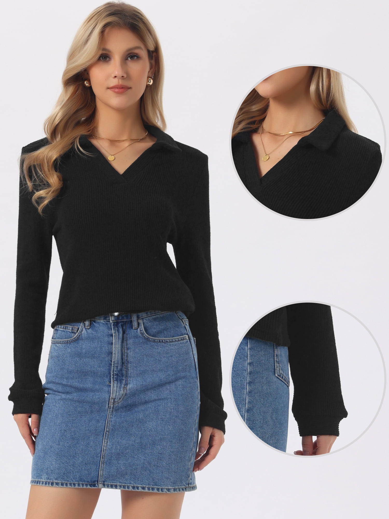 DARING DIVA Women's Winter Sweater Polo Collar Shirts Tops XL Black