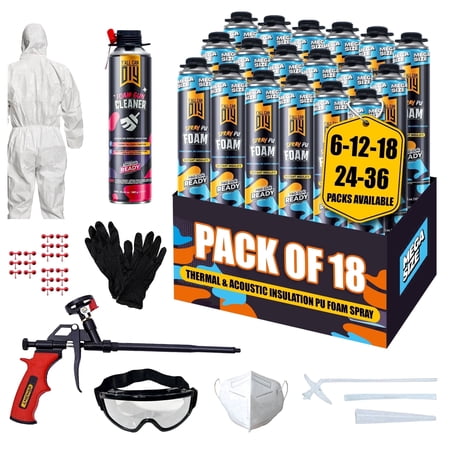 Y’allCanDIY Spray Foam Insulation Kit 18 Pack (36.6 oz Each), Foam Insulation Kit, DIY Insulation Kit for Gaps & Cracks, Wall, Attic & Garage, Heat & Acoustic Insulation, with Application Kit