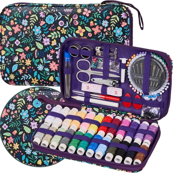 BZCOE 140Pcs Travel Hand Sewing Kit with Needle and Thread Set | Printing Floral Pattern Sewing Kit,Professional Basic Sewing Supplies for Adults,Emergency and Home Beginners