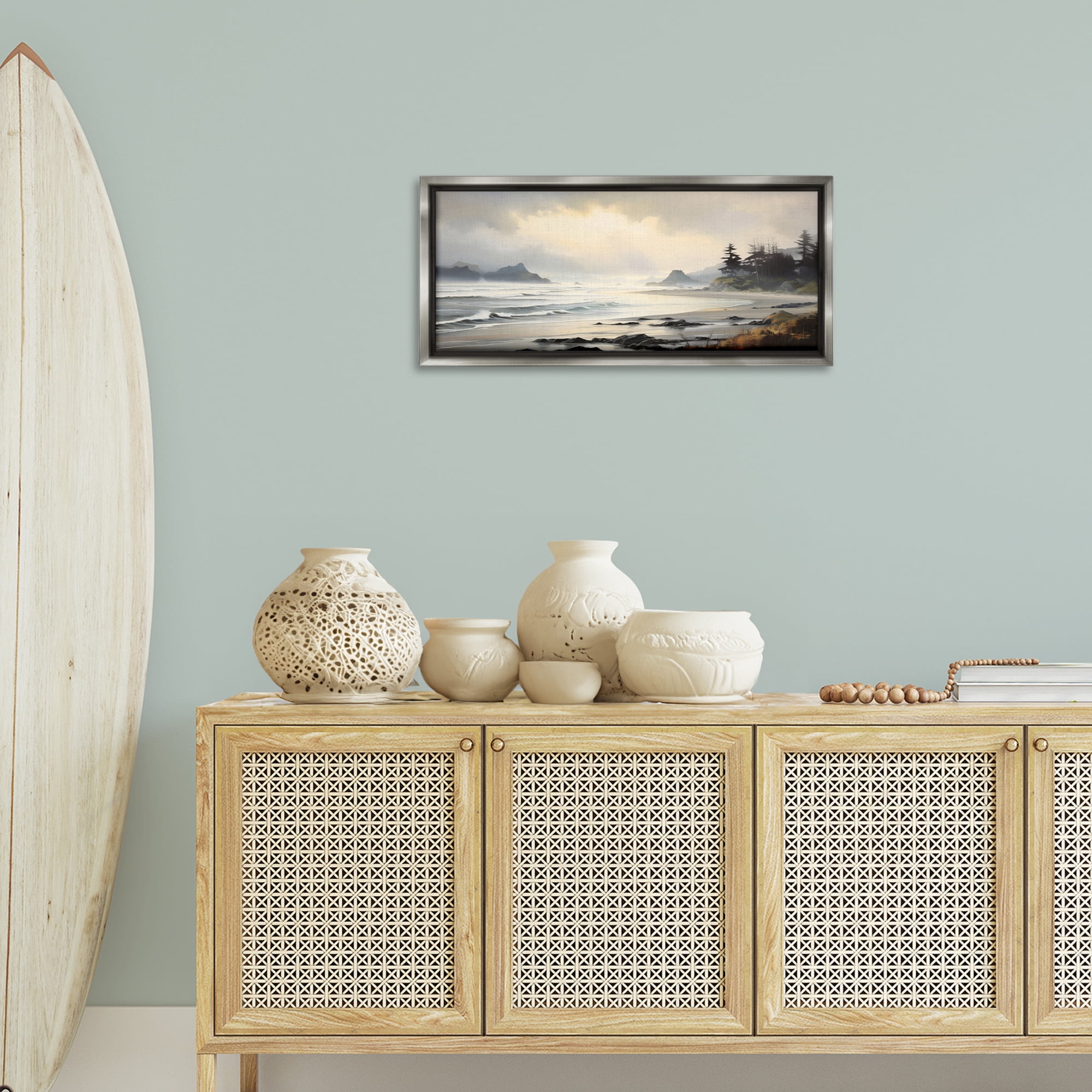 Stupell Industries Coastal Shore Inlet Coastal Painting Gray Floater Framed Art Print Wall Art, 31 x 14
